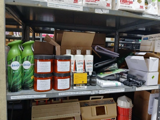 Shelf Lot of Various Items. Febreze. Lotion Base. Humidor Solution