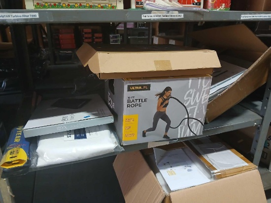 Shelf Lot of Windshield Wipers. LED String Lights. Workout Rope.