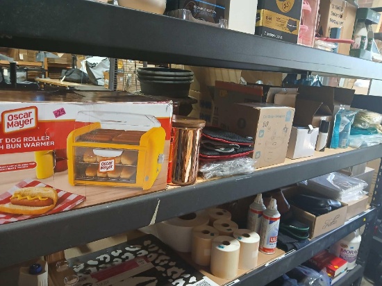 Shelf Lot of Various Products Hotdog Roller. Cat Fountain