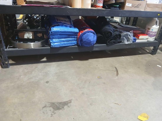 Shelf Lot of Various Products Clock. Entry Rug. Blankets & More.