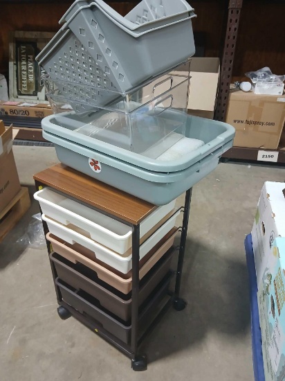 Lot of Storage Bins and Rolling Shelf.