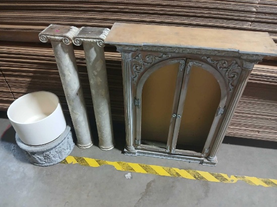 Vintage Wood Decor & Stone Flower pot Base w/ Porcelain Pot
