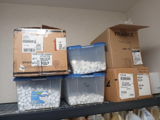 Shelf Lot of Various New Bottl Caps Gallon Pumps 5Gal Bucket Liners.