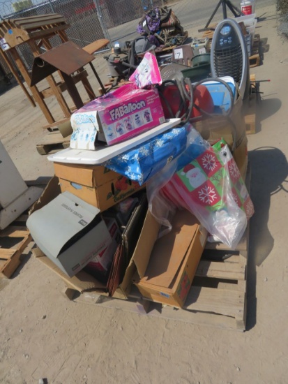 Pallet-binder fastners, Faballoon, gas can, Xmas bags, box of books, 5 gal buckets