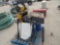 Buffing/grinder on stand, face shields, (2) 5 gal buckets misc items