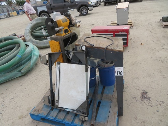 Buffing/grinder on stand, face shields, (2) 5 gal buckets misc items