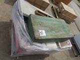 (4) ice chests, wooden tool trunk, (2) tubs misc tools