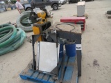 Buffing/grinder on stand, face shields, (2) 5 gal buckets misc items
