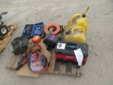 (3) gas cans, comea long, (2) welding hoods, toolbox, misc