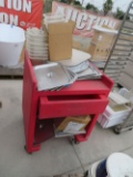 S/s trays w/lids, plastic containers, red rolling cart