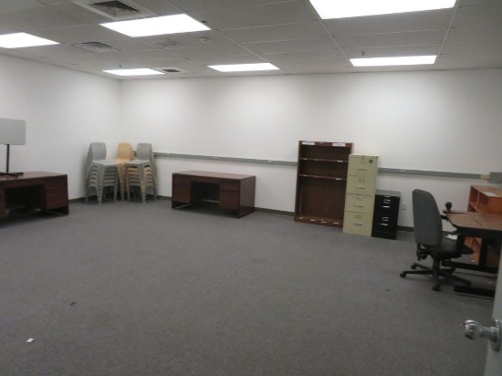 3 Desk, 5 Stack Plastic Chairs, 2 File Cabinets, 2 Bookcases, 1 Trash Can, 1 Desk Chair