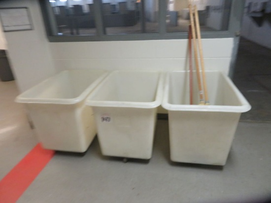 3 Rolling White Plastic Tubs w/ Brooms & Sign