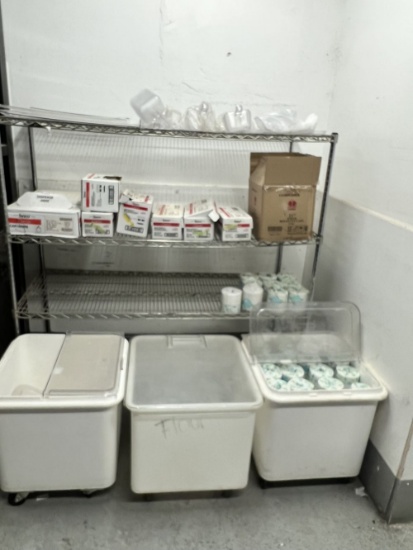 Caged Cabinet, Can Liner, Toilet Paper, 6 Rolling Bins, Wire Racks Rolling Tray, Scoops, Shelving Mi