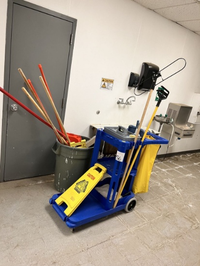 Rolling Service Cart, Brooms, Signs Trash Cans