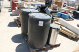 (2) Plastic 50gal Black Closed Top Drums, (6) Trash Cans