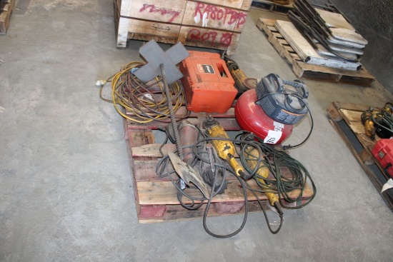 Air Compressor, (5) 7" Grinders, Ext Cords, Industrial Drill