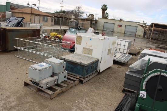 (5) Pallets-AC Junction Boxes, Blue Chest, Bin, Sign,Water Poly Tank NO Top,Misc Fountain
