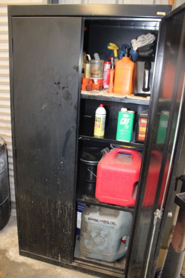 Black Cabinet w/Liquid Contents, Oils, Gas Cans, Power Steering Fluid