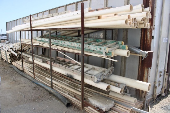 Rack w/Contents, PVC Pipe, Ladder