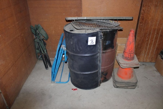 (2) - 1/2 Cut Barrels, (2) Folding Chairs, (7) Cones