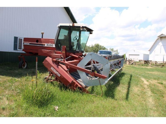 Hesston 8100 Self Propelled Swather w/Cab & 18 Ft. Head Hume Reel and a Bat Reel, 1,965 Hrs., SN