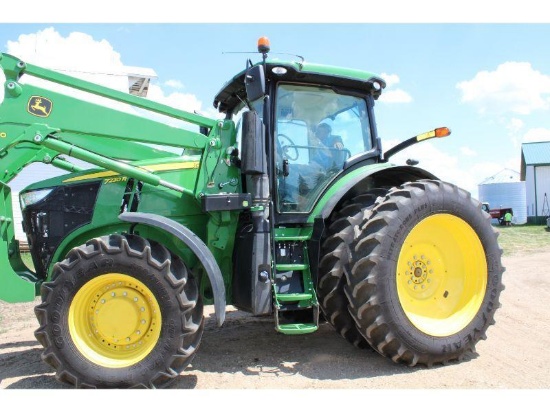 JD 7230R Tractor w/Cab & Buddy Seat, Quad. Hyd, JD H480 Loader w/9 Ft. Bucket & Grapple, Grill