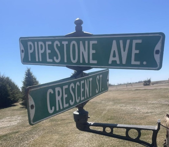 Flandreau, SD Embossed Street Signs w/ Cast Iron Holder (Pipestone Ave. & Crescent St)