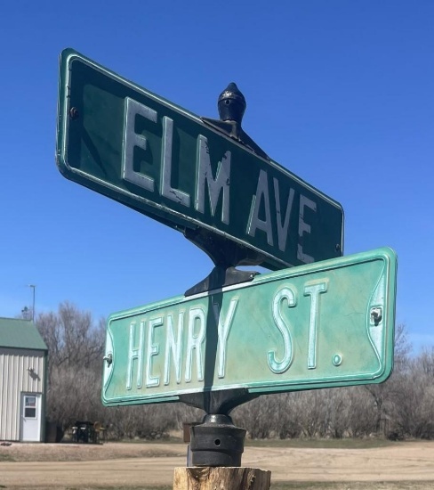 Flandreau, SD Embossed Street Signs w/ Cast Iron Holder (Elm Ave. & Henry St.)