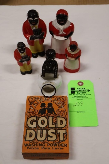 Aunt Jemima/Uncle Mose Salt & Pepper Sets (2) & Gold Dust Washing Powder & Child on Bedpan