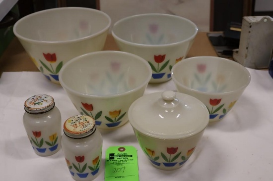 Fireking Tulip Pattern Nest of Four Bowls, grease bowl w/lid and S & P's