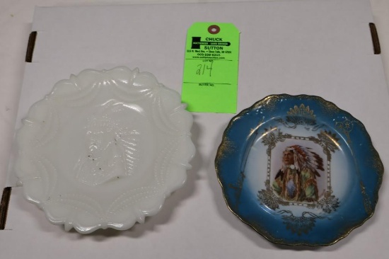 Blue Surround Indian Chief Plate & Milk Glass Indian Chief Plate