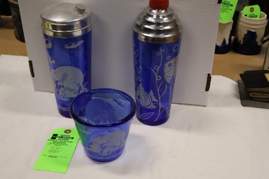 Cobalt Windmill Martini Shaker & Cobalt Windmill Ice Bucket & Cobalt Fish Martini Shaker