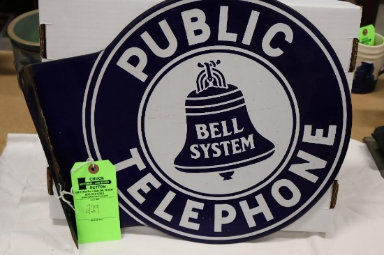 Bell System Public Telephone Porcelain Flange Sign