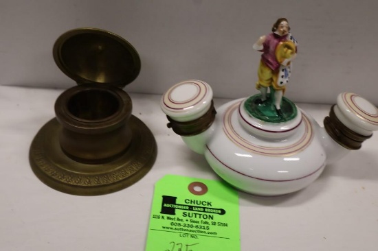 China Double Inkwell w/Artisan Figure on Top & Copper Round Inkwell