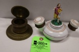China Double Inkwell w/Artisan Figure on Top & Copper Round Inkwell