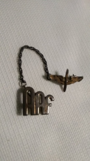 Vintage Pins connected by Chain, Airplane and AAF, Sterling