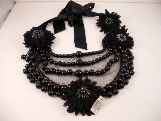 Chico Jacobia Bib Black Beaded and Lace Necklace