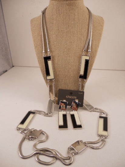 Chico's Silver tone Black and White Necklace and Earring set