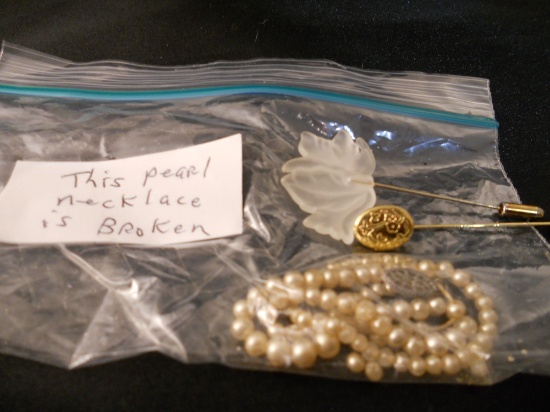 Vintage Jewelry Lot Pearl Necklace and 2 Stick Pins