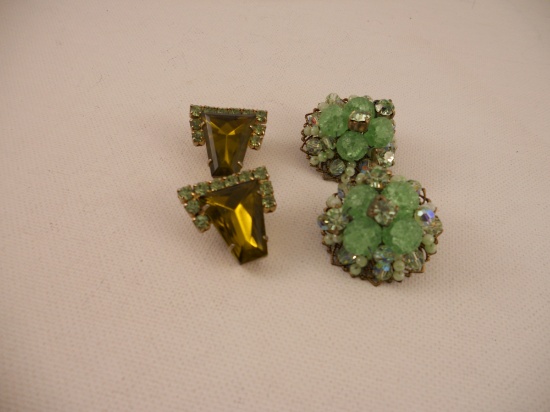 2 Large Vintage Rhinestone Clip on Earrings