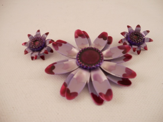 Vintage Purple Flower Enamel and Metal Brooch and Earrings