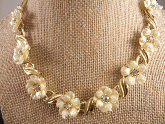 Vintage Coro Shell and Rhinestone Necklace