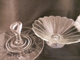 Lot of Vintage Etched and Clear Glass Serving Bowl and snack Server