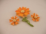 Vintage Enamel Orange Flower Brooch and Earring Set