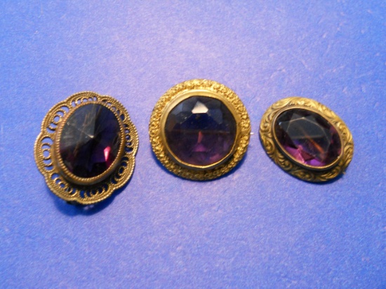 Lot of 3 Antique Amythesis Glass Brooches