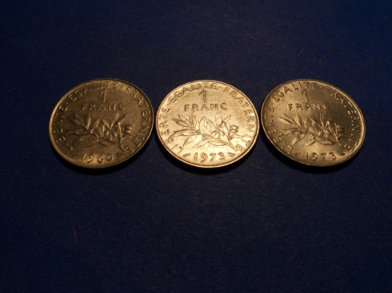 Lot of 3, France One Franc, 1960-1973