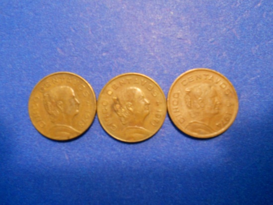 Lot of 3, Mexico Cinco Centavos, 1971-1974