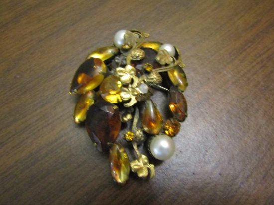 Vintage Amber Rhinestone Gold Tone Brooch