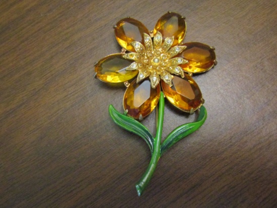 Vintage 4" Glass Cabachon Flower Brooch
