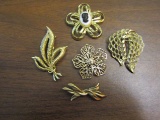 Lot of 5 Vintage Gold Tone Brooches